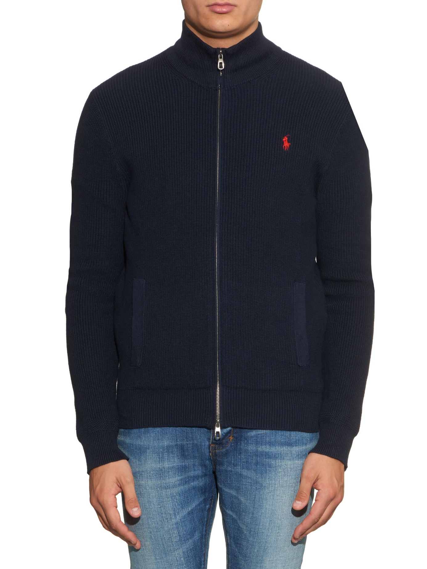 Lyst - Polo Ralph Lauren Zip-up Ribbed-knit Cotton Cardigan in Blue for Men
