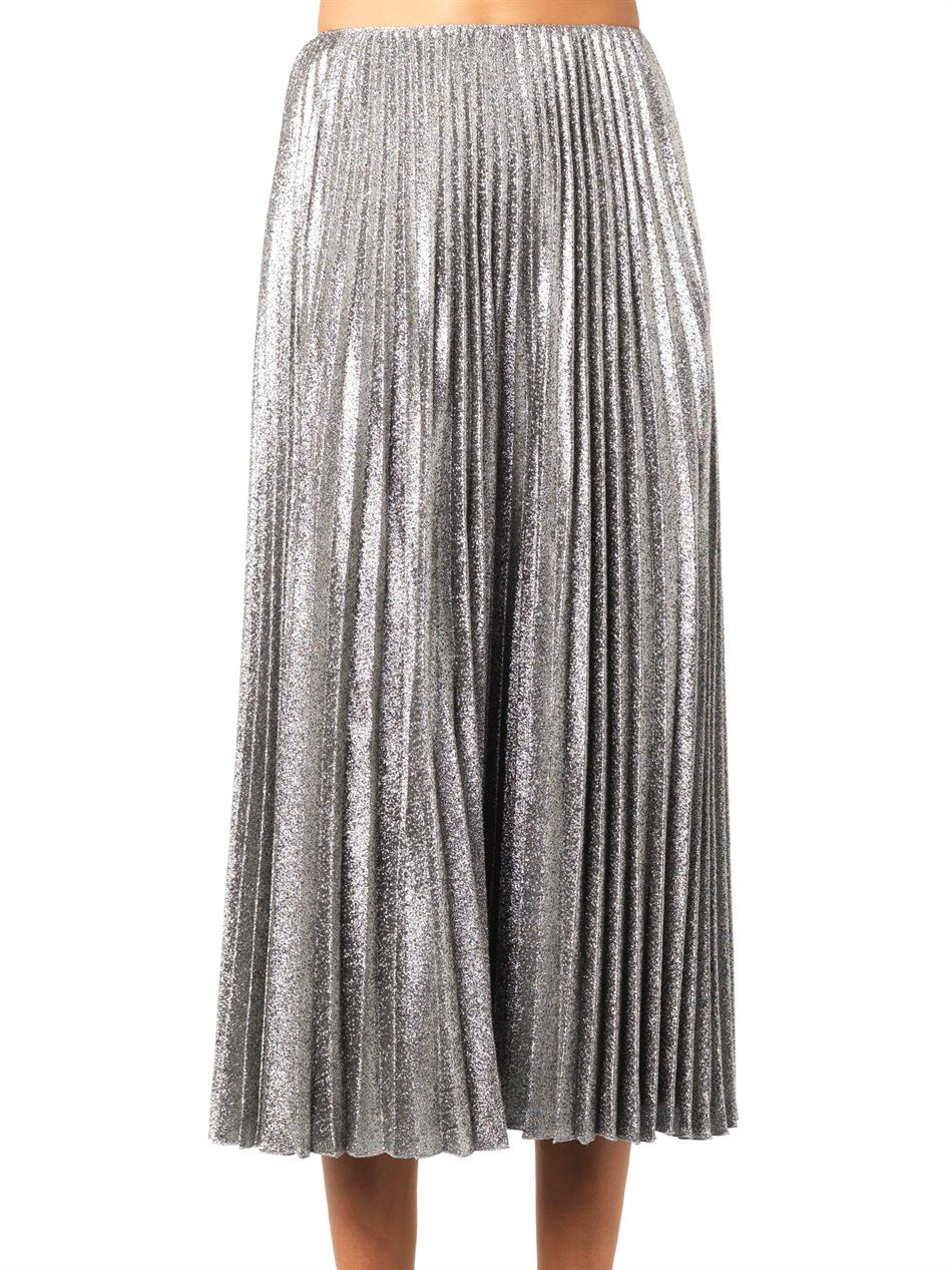 Cedric Charlier Pleated Silk-Blend Lamé Midi Skirt in Silver (Metallic ...
