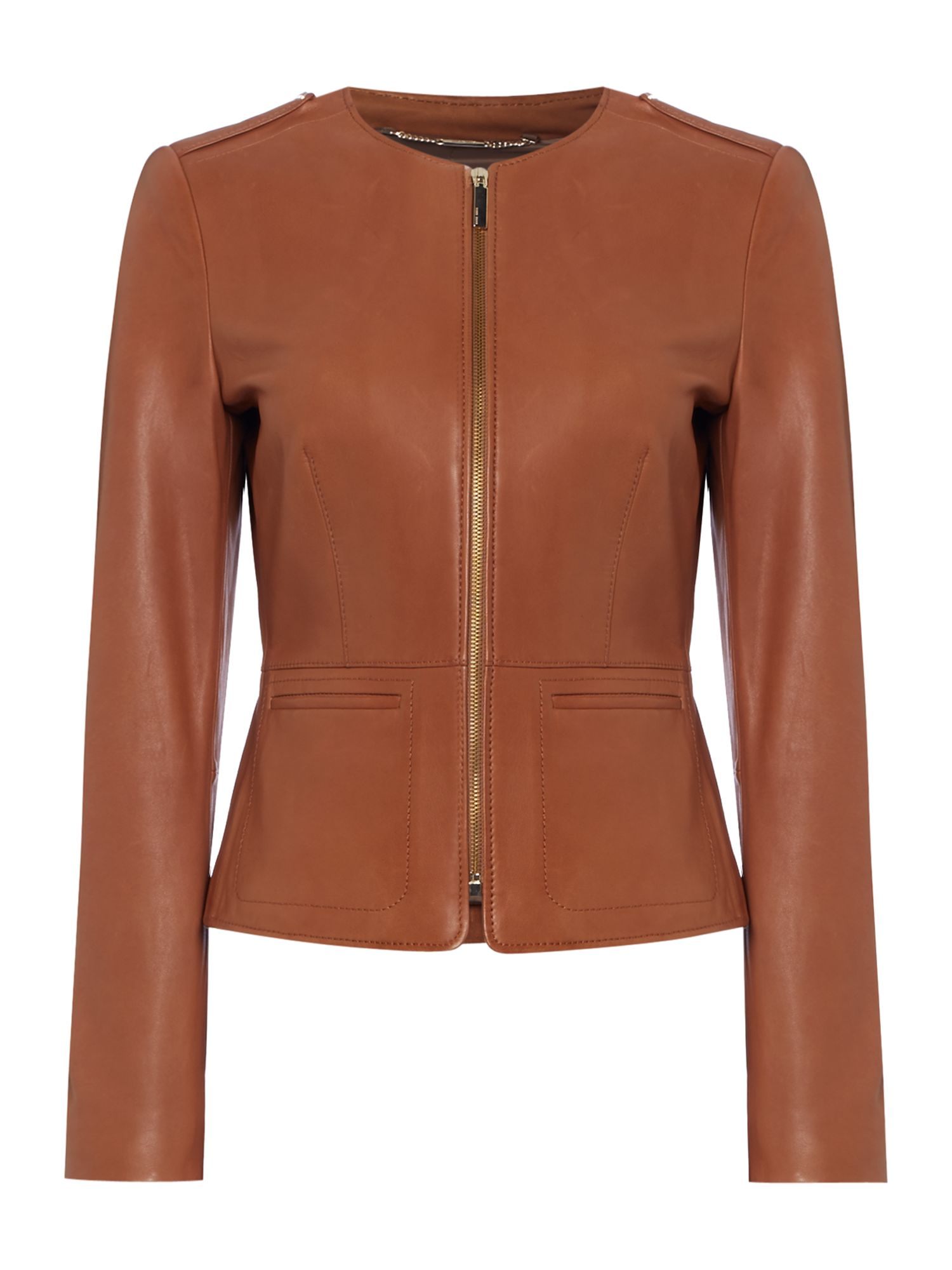 Boss Sarena Collarless Zip Leather Jacket in Brown | Lyst