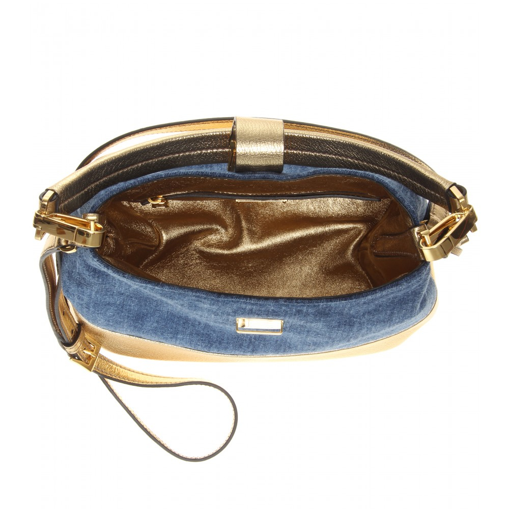 Miu miu Metallic-Leather and Denim Bucket Bag in Blue | Lyst