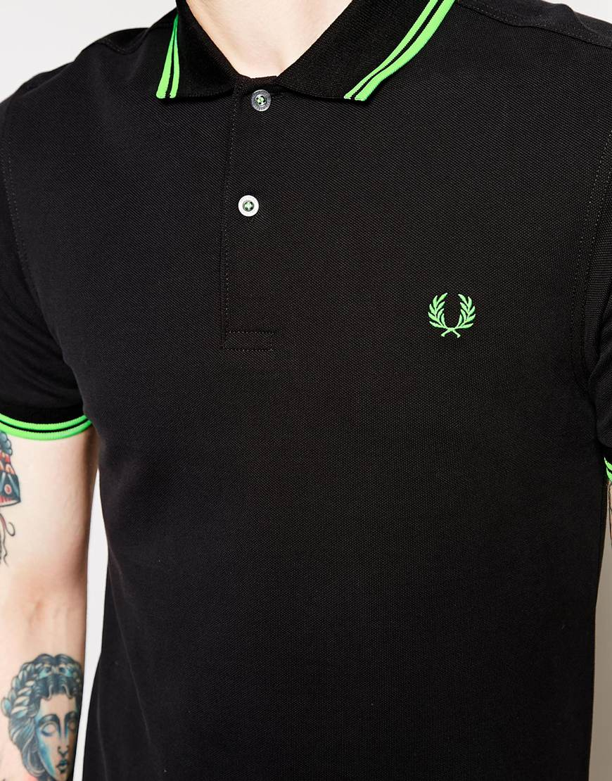 abstract postzegel Bouwen Fred Perry Soho Neon Polo With Neon Green Tipping Slim Fit in Black for Men  | Lyst