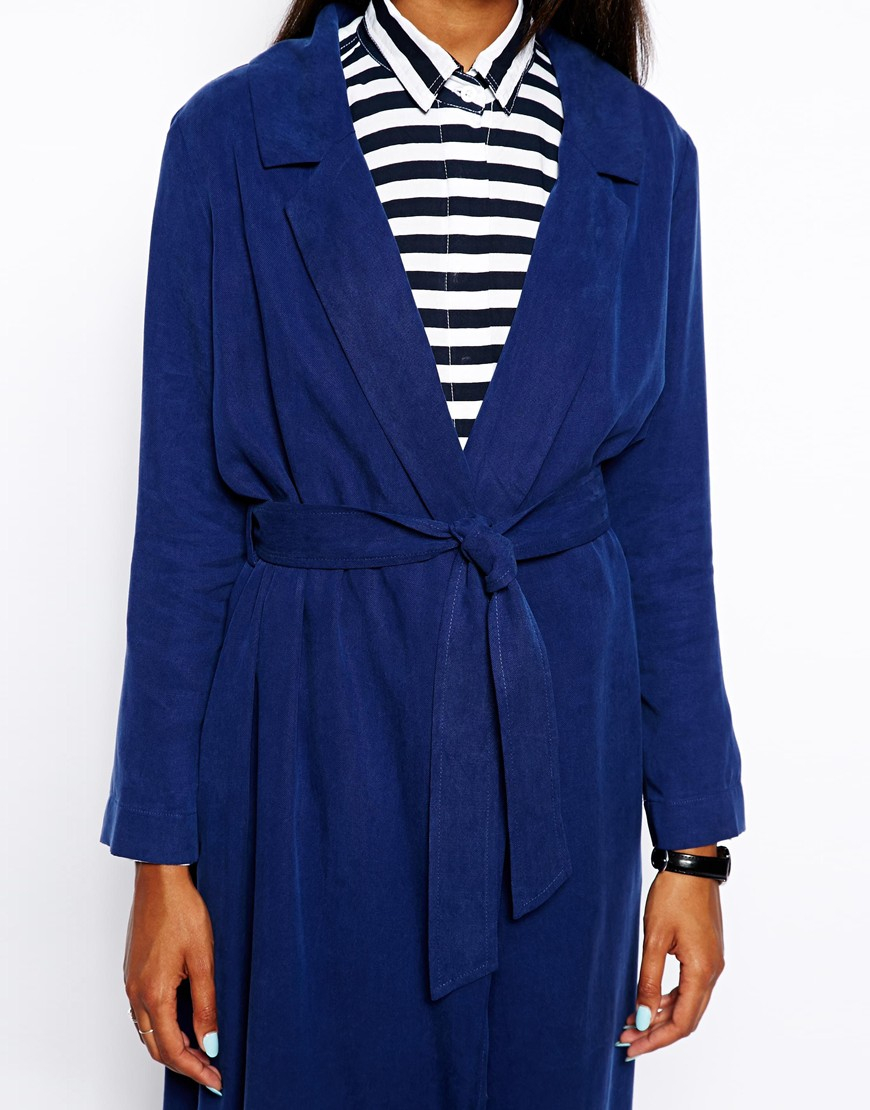 Lyst Asos Duster Coat With Tie Front in Blue