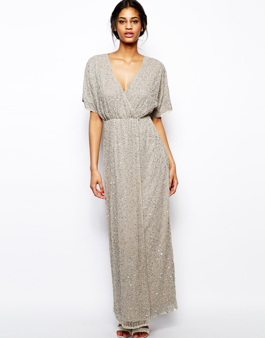 Lyst - Asos Sequin Kimono Maxi Dress in Gray