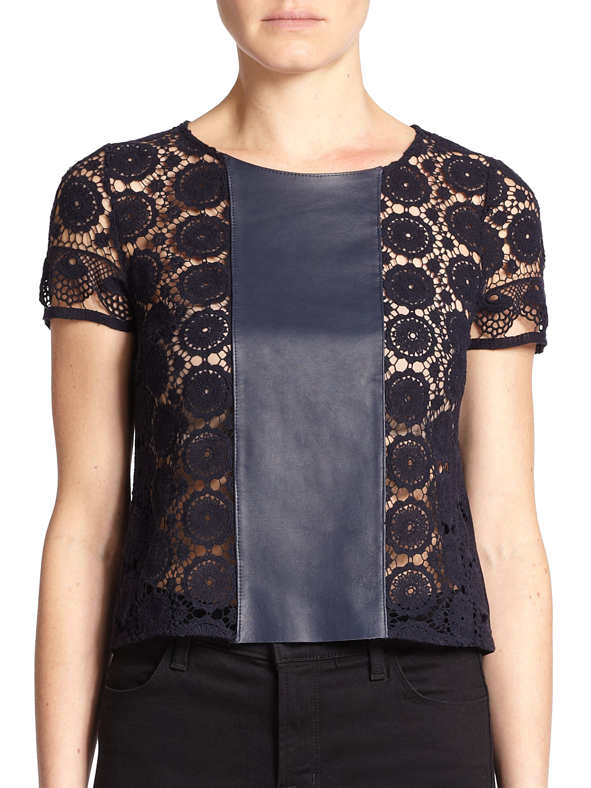 Lyst Bailey 44 Turner Leather & Lace Top in Blue