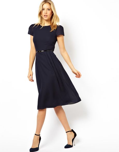 Asos Simple Midi Skater Dress With Belt in Blue (Navy) | Lyst