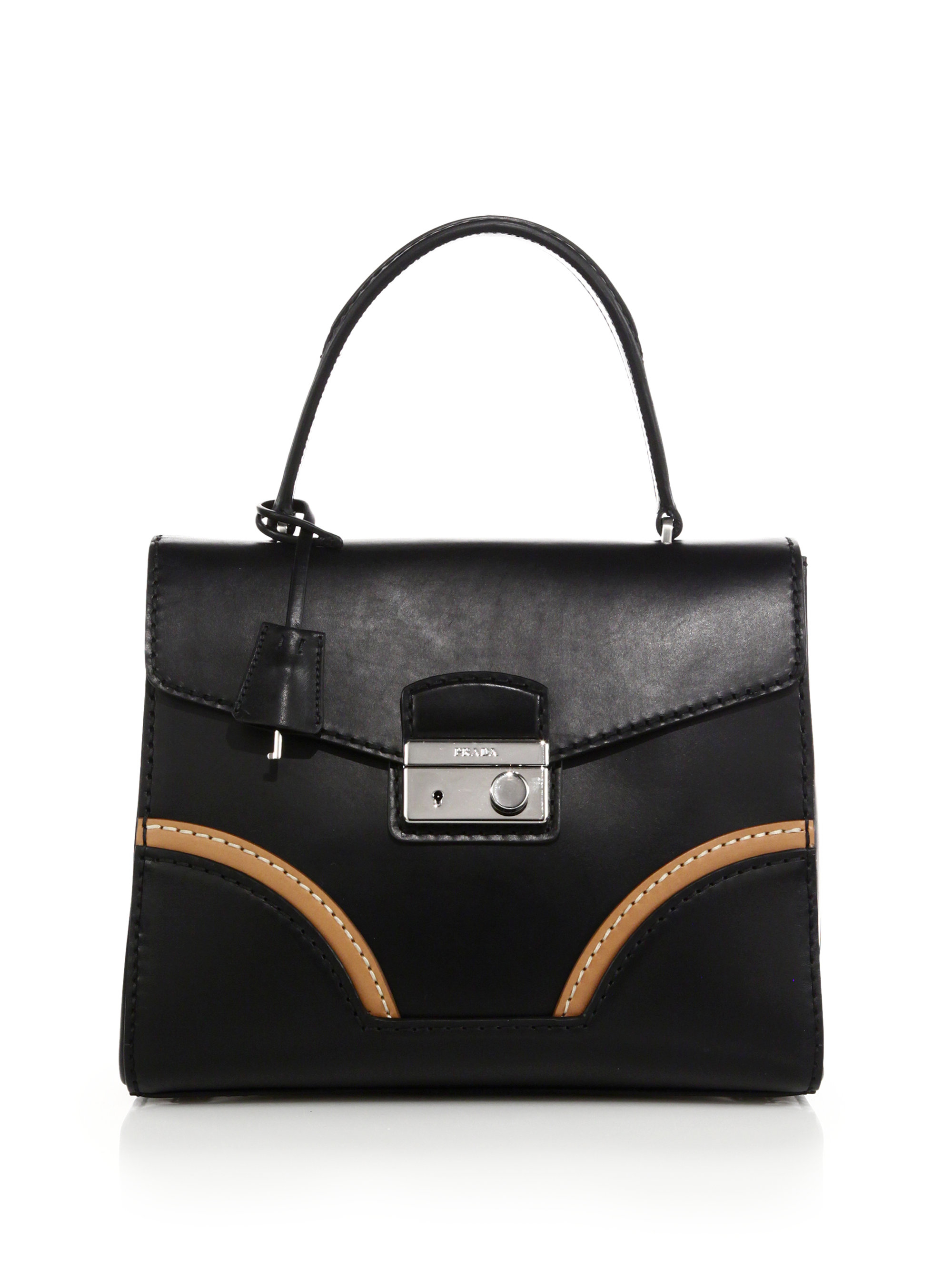Prada Calf Leather Top-handle Bag in Black (BLACK-TAN) | Lyst  