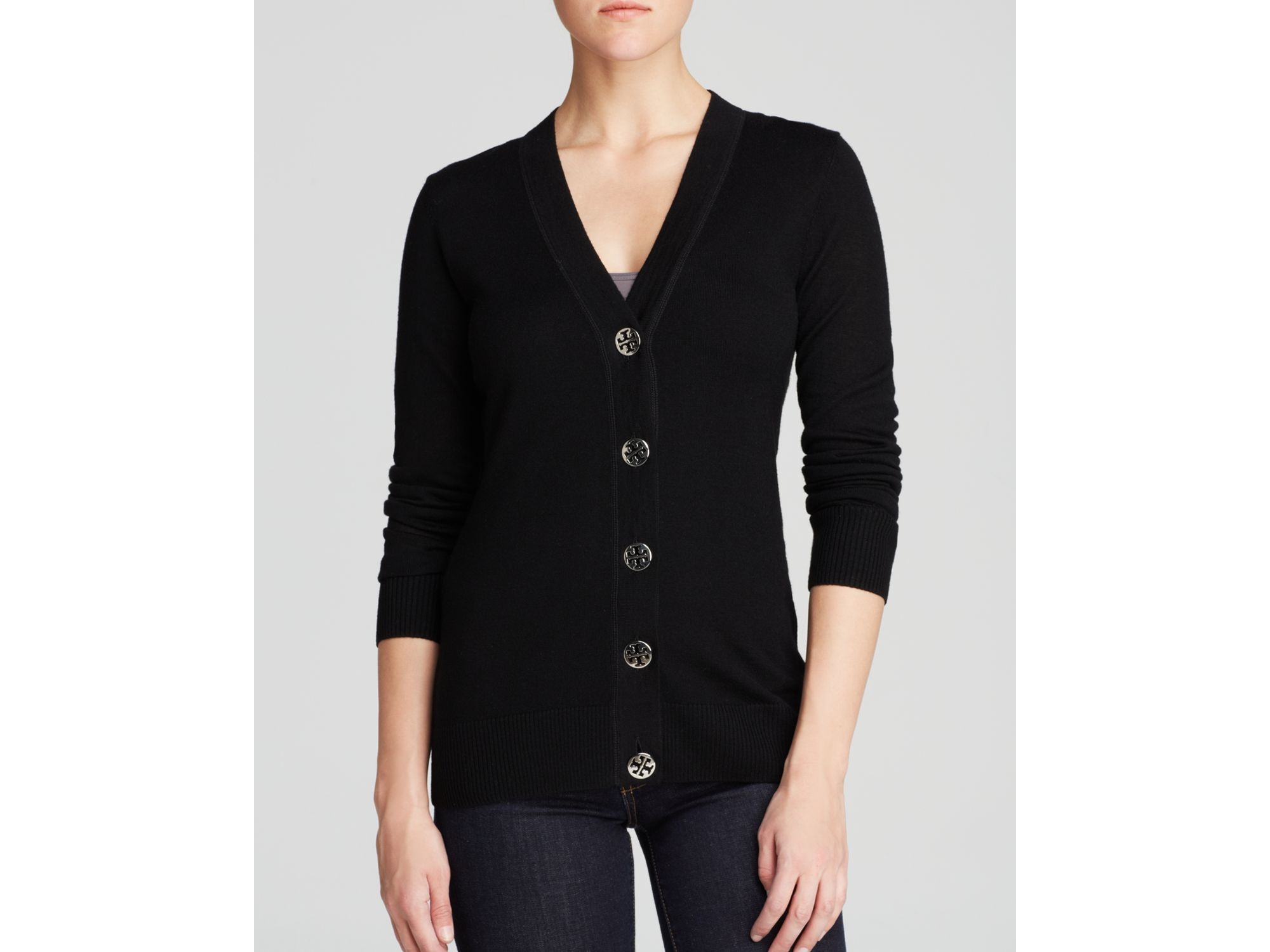 black cardigan with silver buttons