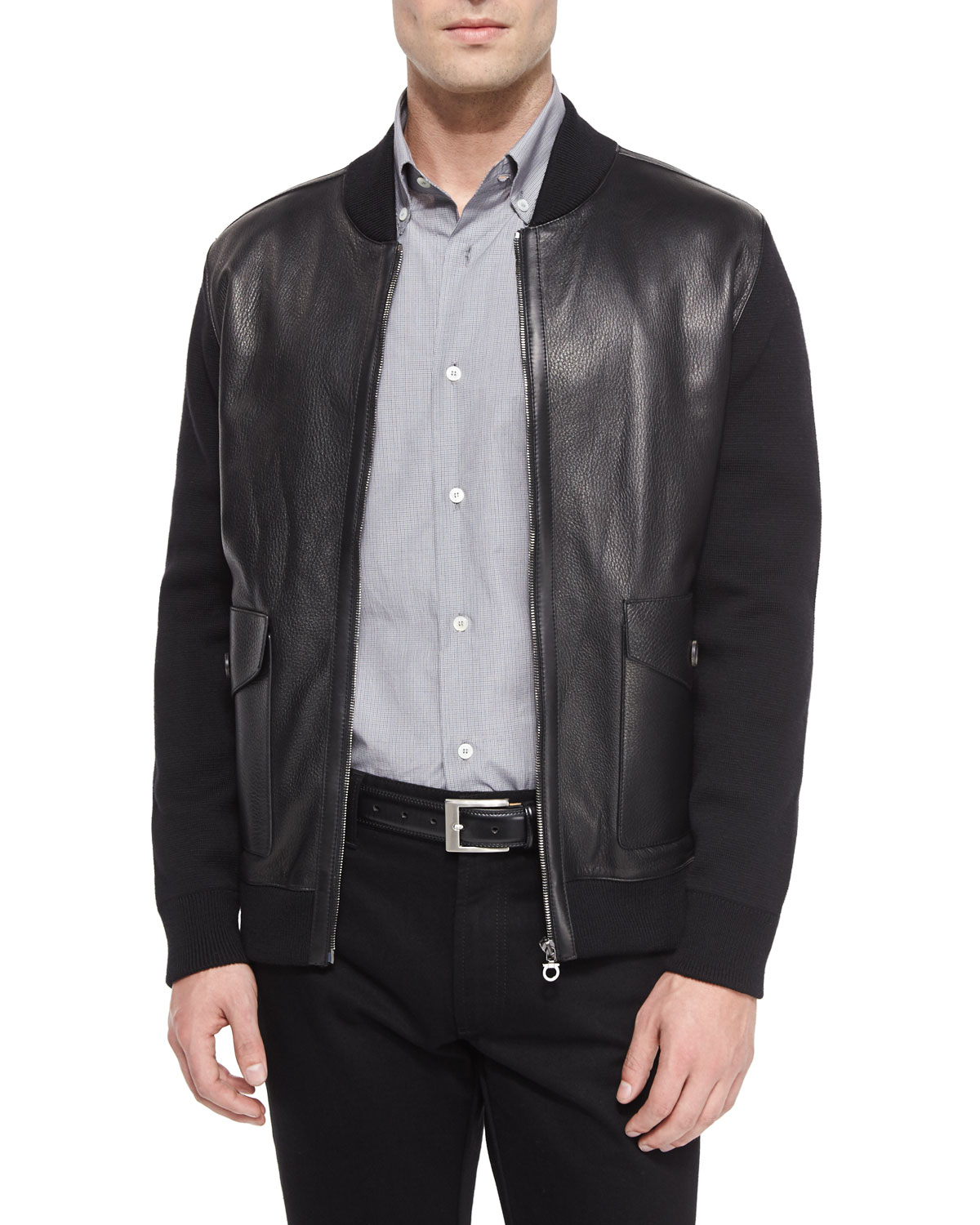 Lyst - Ferragamo Leather Jacket With Wool Sleeves in Black for Men