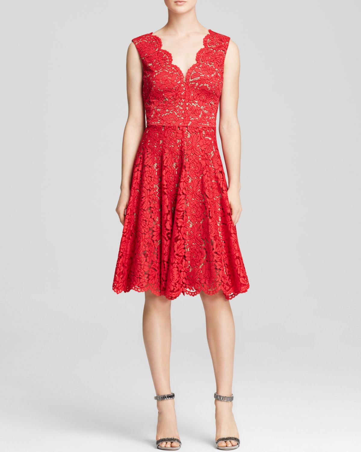 red lace fit and flare dress
