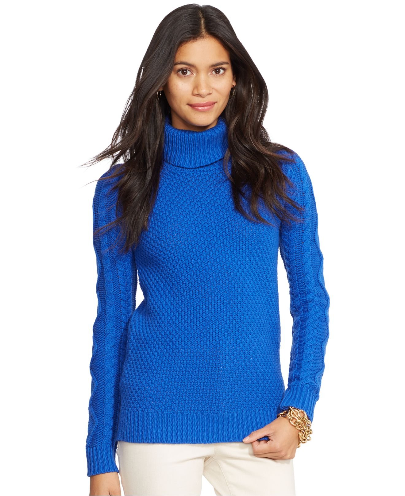 Lauren by ralph lauren Cable-Knit Turtleneck Sweater in Blue | Lyst