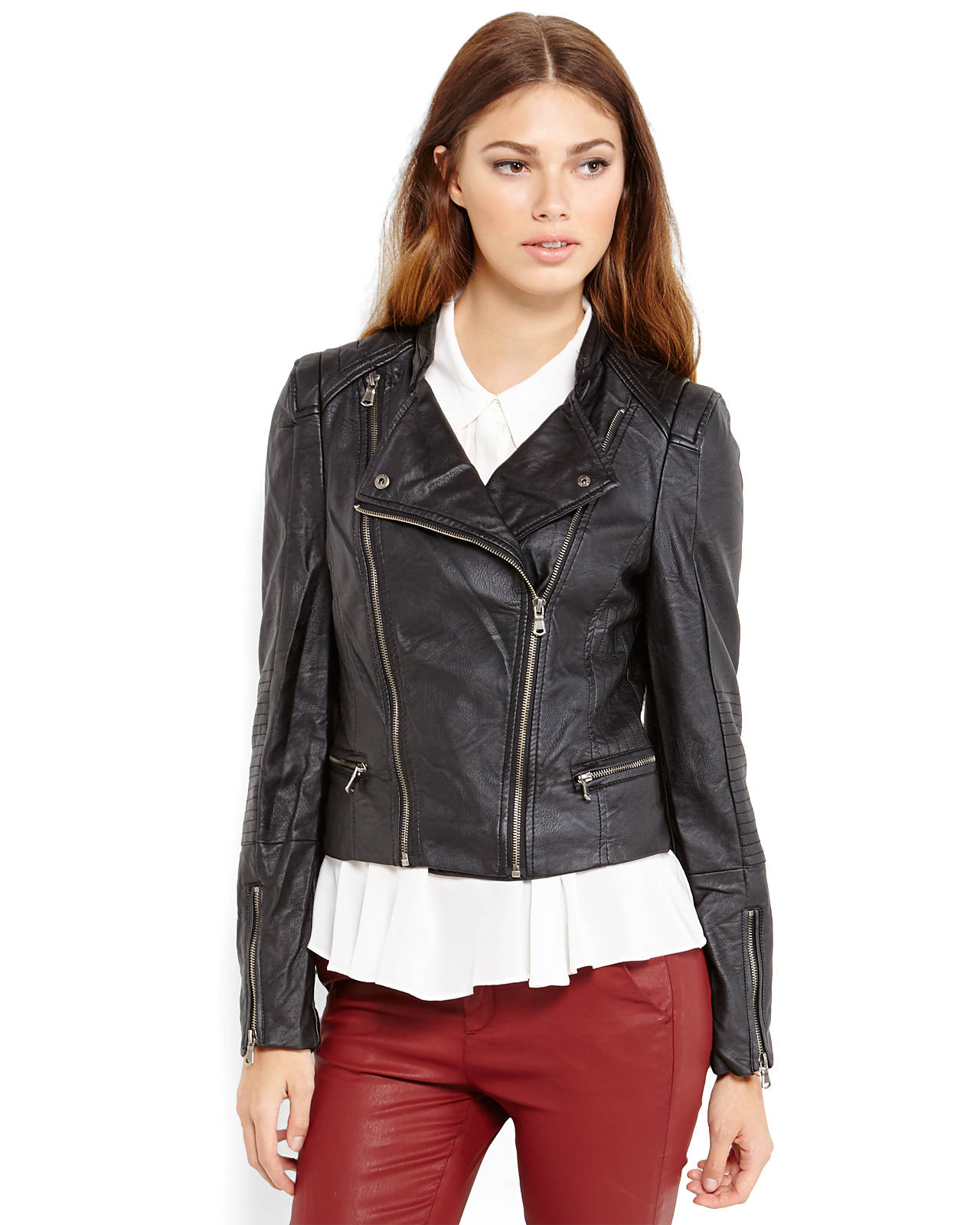 Abs By Allen Schwartz Black Faux Leather Asymmetrical Jacket