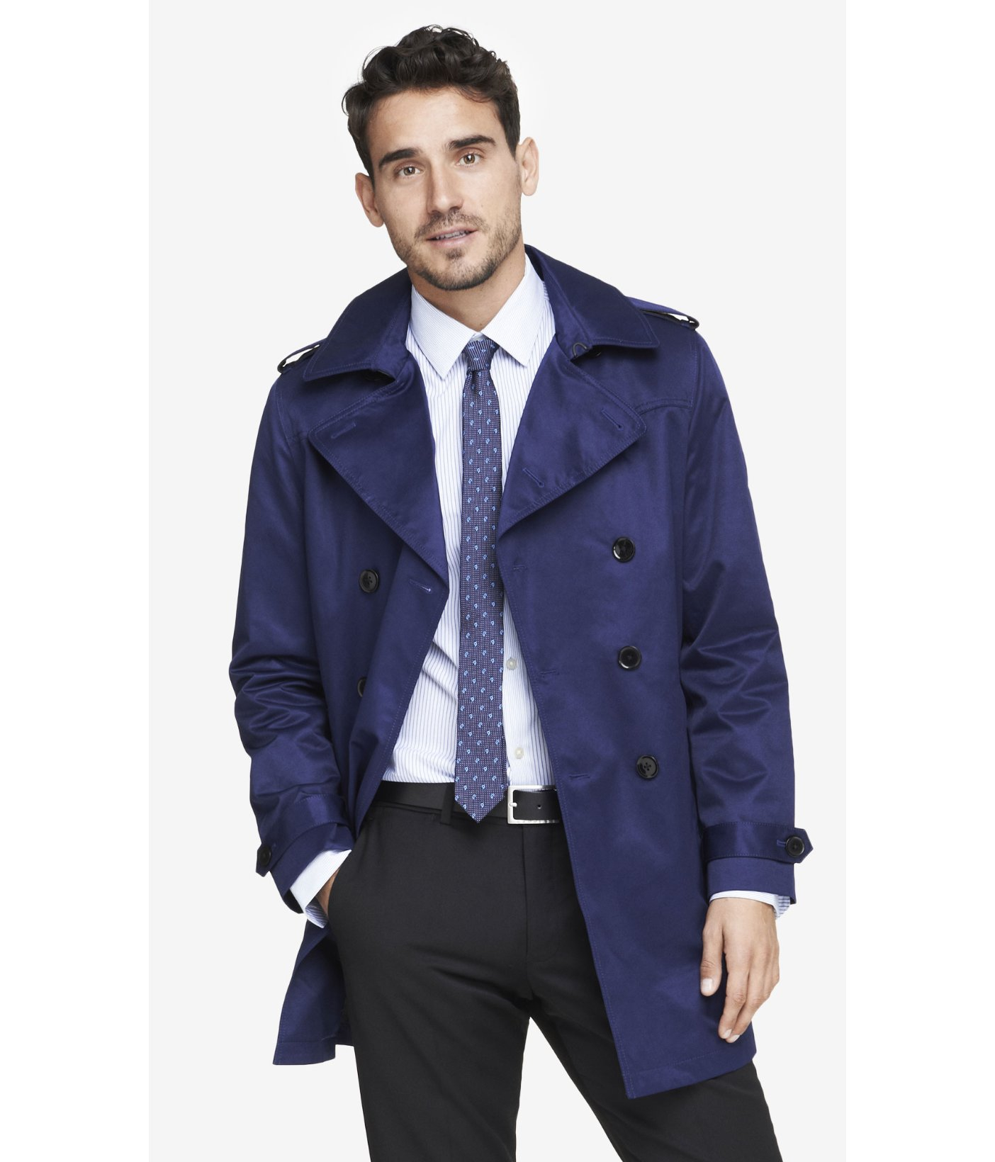 Express Navy Belted Trench Coat in Blue for Men - Lyst