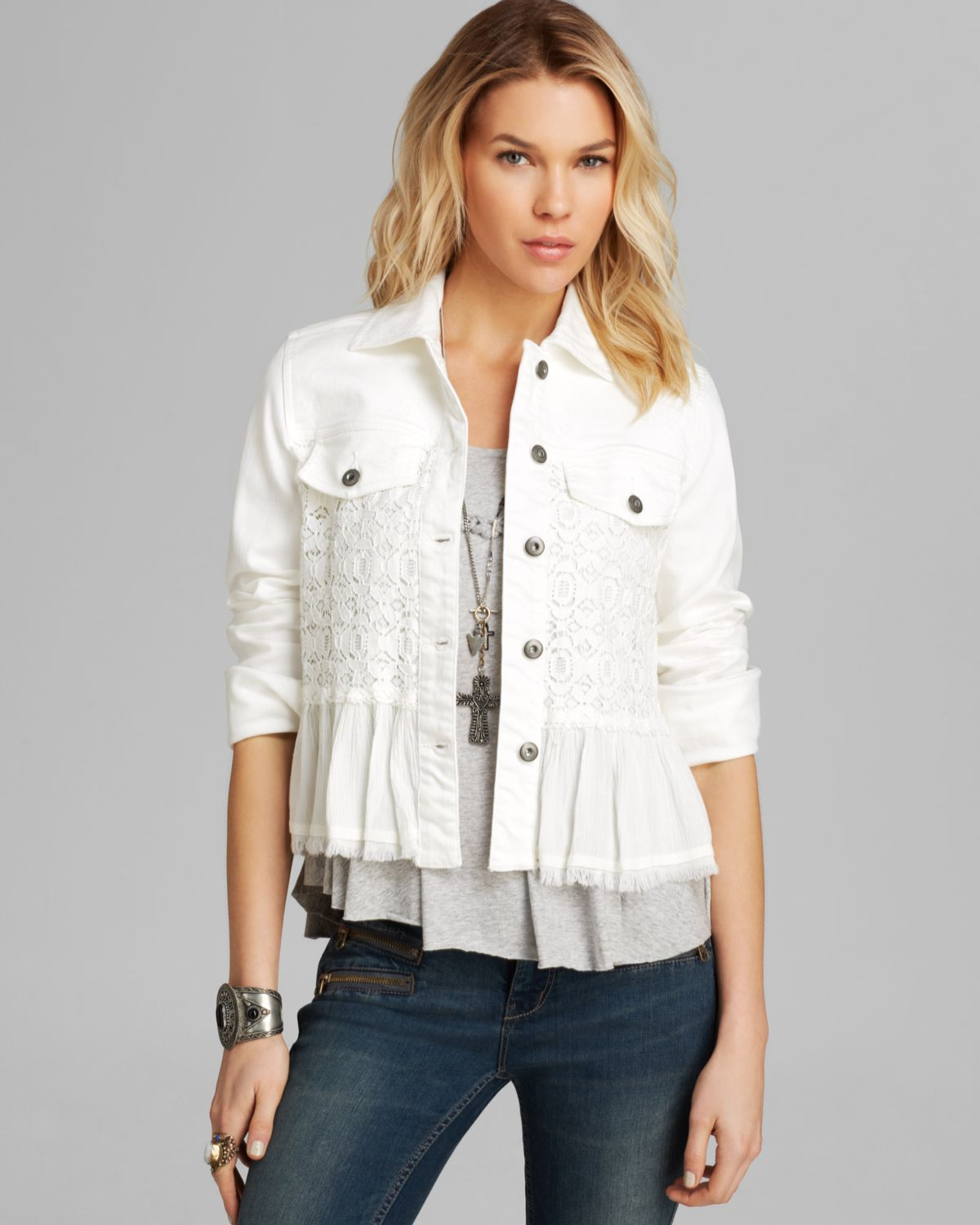 Free People Denim And Lace Mix Jacket in White | Lyst