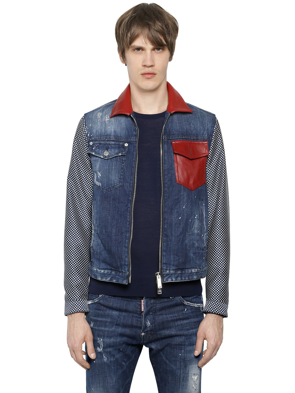 dsquared 178 polka dot sleeves cotton denim jacket in blue for lyst dsquared 178 polka dot sleeves cotton denim jacket in blue for lyst