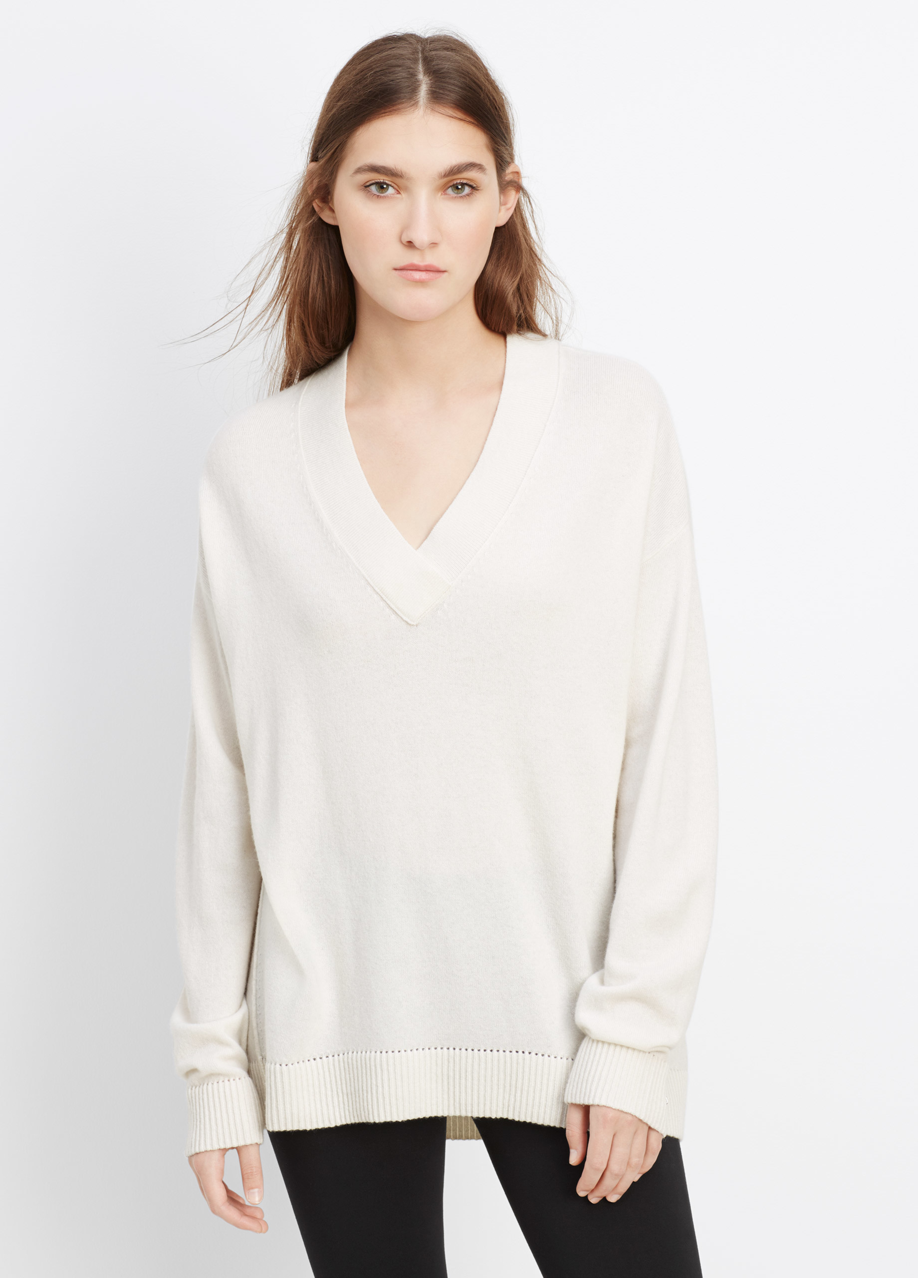 Lyst Vince Cashmere Pointelle Trim Vneck Sweater in White