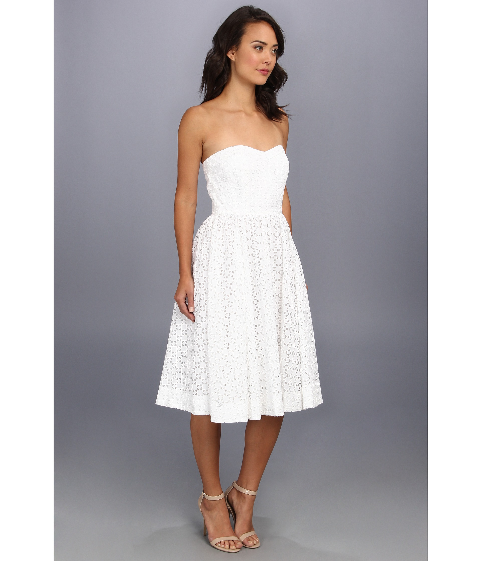 white strapless tea length dress