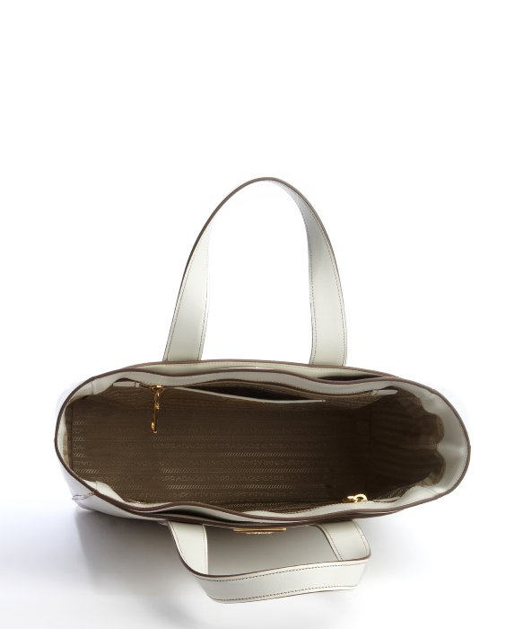 prada satchel saffiano - Prada Talc and Caramel Leather Small Square Tote Bag in White ...