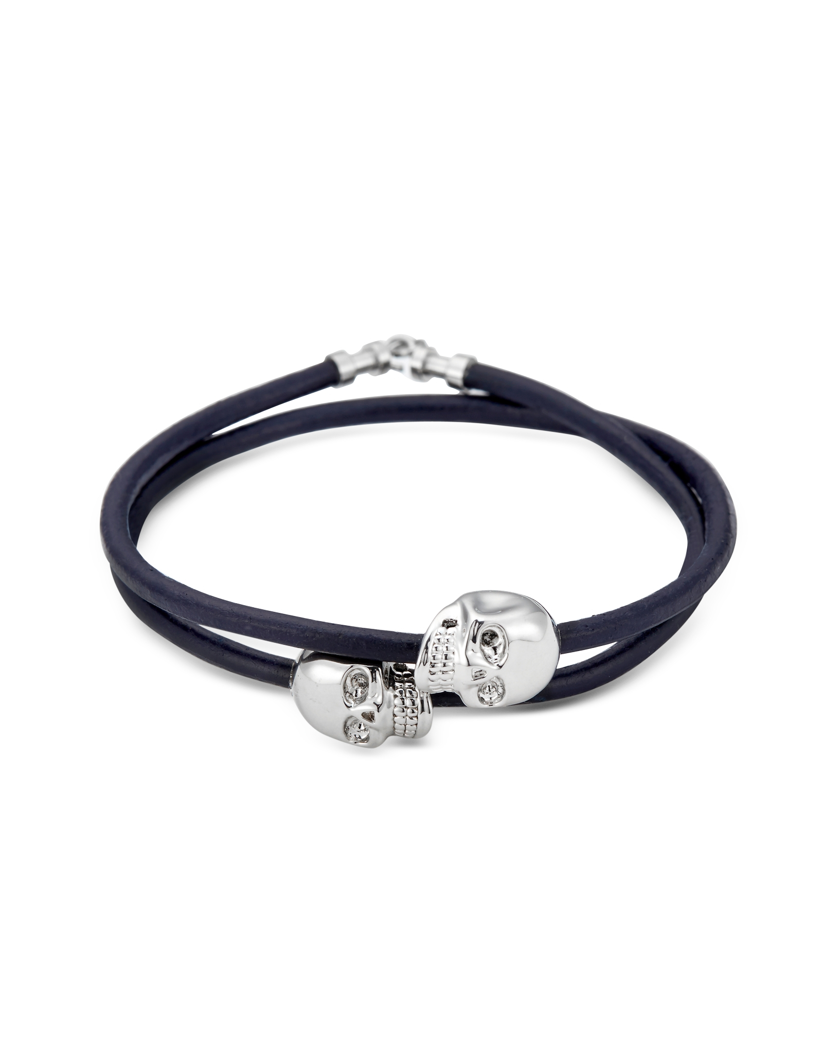 Northskull Navy Blue Leather W/rhodium Skull Double Wrap Bracelet in