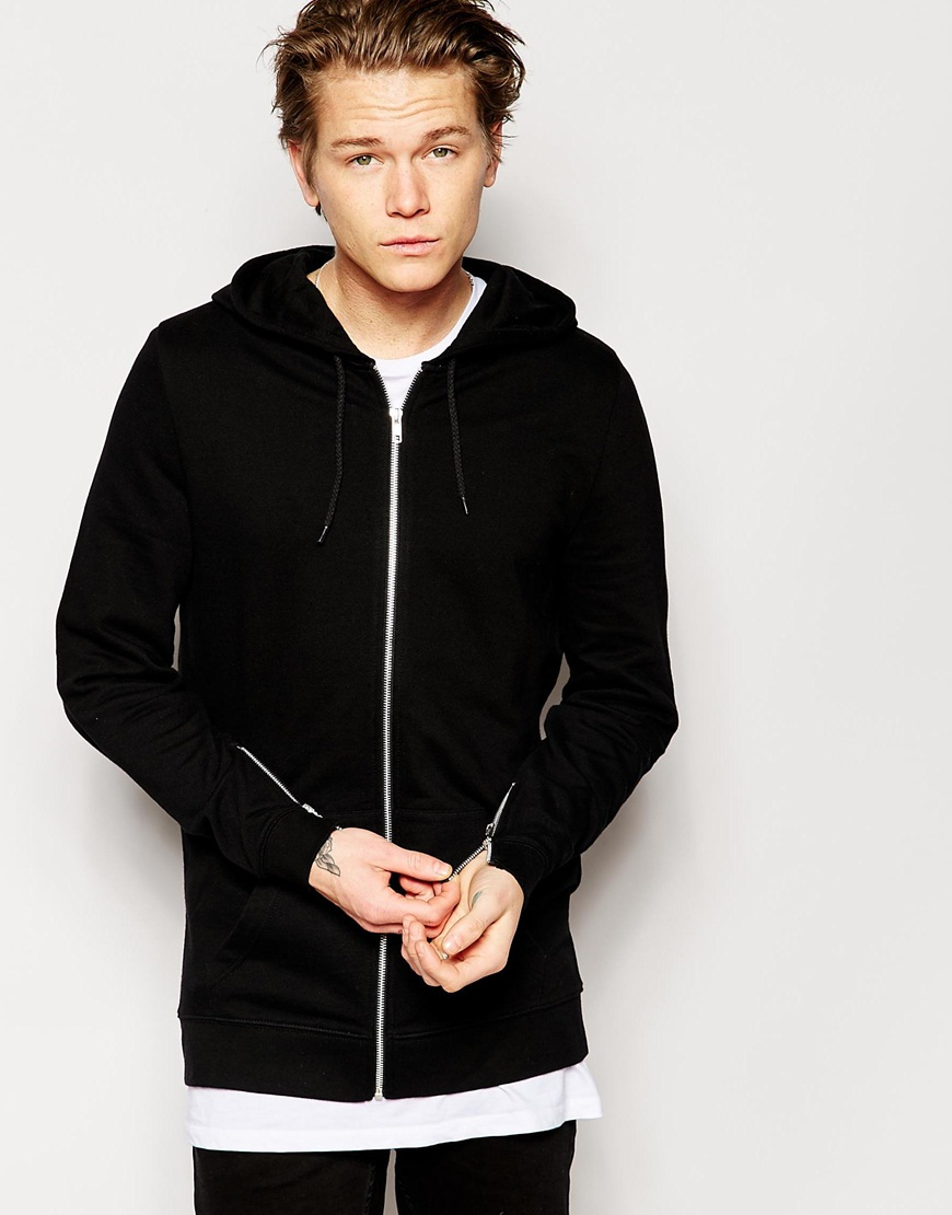 ASOS Longline Zip Up Hoodie With Cuff Zips in Black for Men Lyst