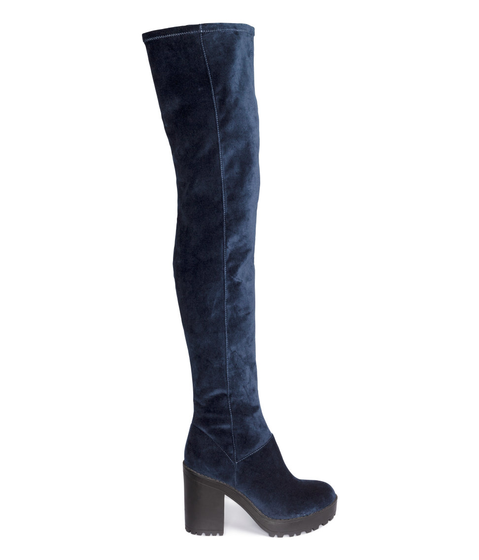 H&M Velvet Overknee Boots in Dark Blue (Blue) - Lyst
