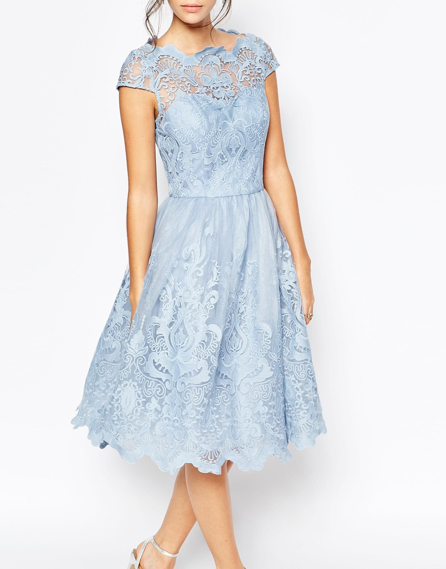 Chi Chi London Premium Lace Midi Prom Dress With Bardot Neck in Cornflower Blue (Blue) - Lyst