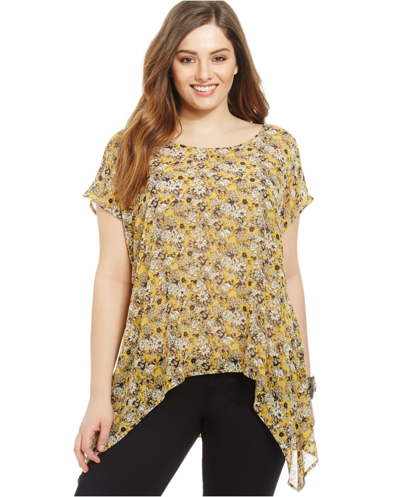 American rag Plus Size Floral-Print Handkerchief-Hem Top in Yellow | Lyst
