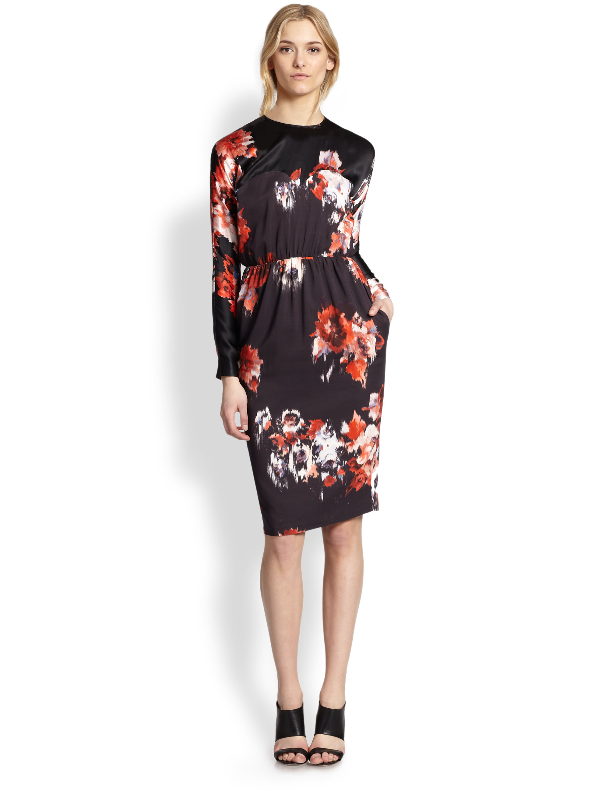 Msgm Satin-Paneled Floral-Print Dress in Black | Lyst