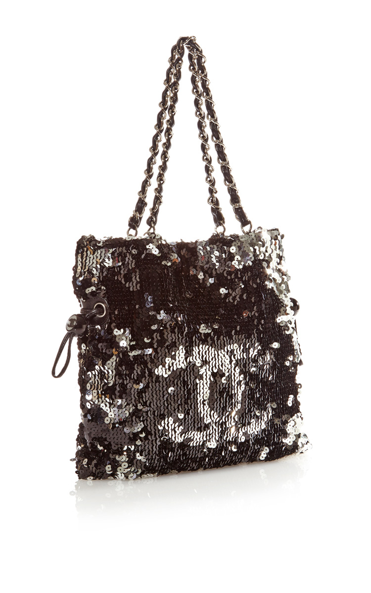 Chanel Vintage Chanel Black Silk Sequin Tote Bag From What Goes Around ...