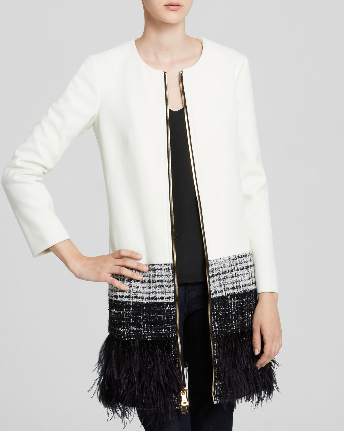 feather trim coat