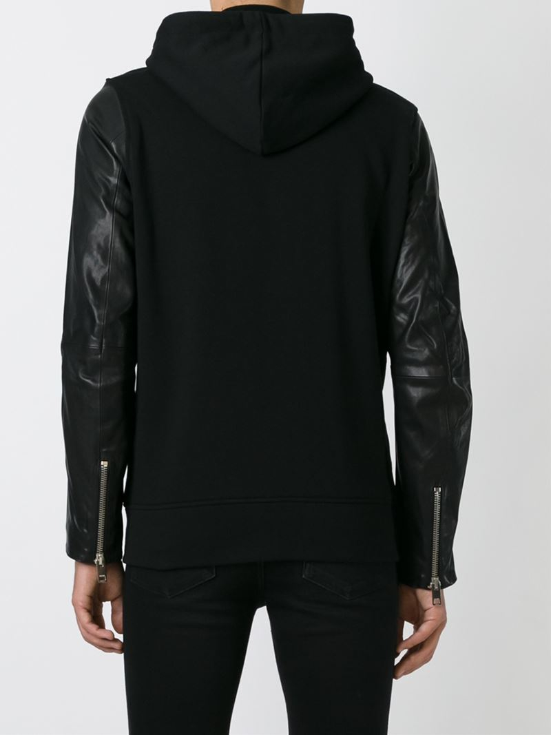 DIESEL Leather Sleeve Zipped Hoodie in Black for Men | Lyst