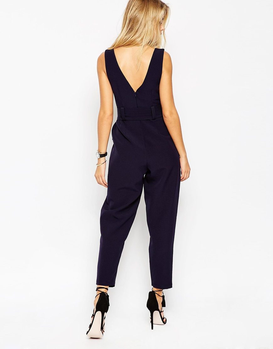 ASOS Synthetic Jumpsuit With V Neck And Obi Tie Belt in Navy (Blue) - Lyst