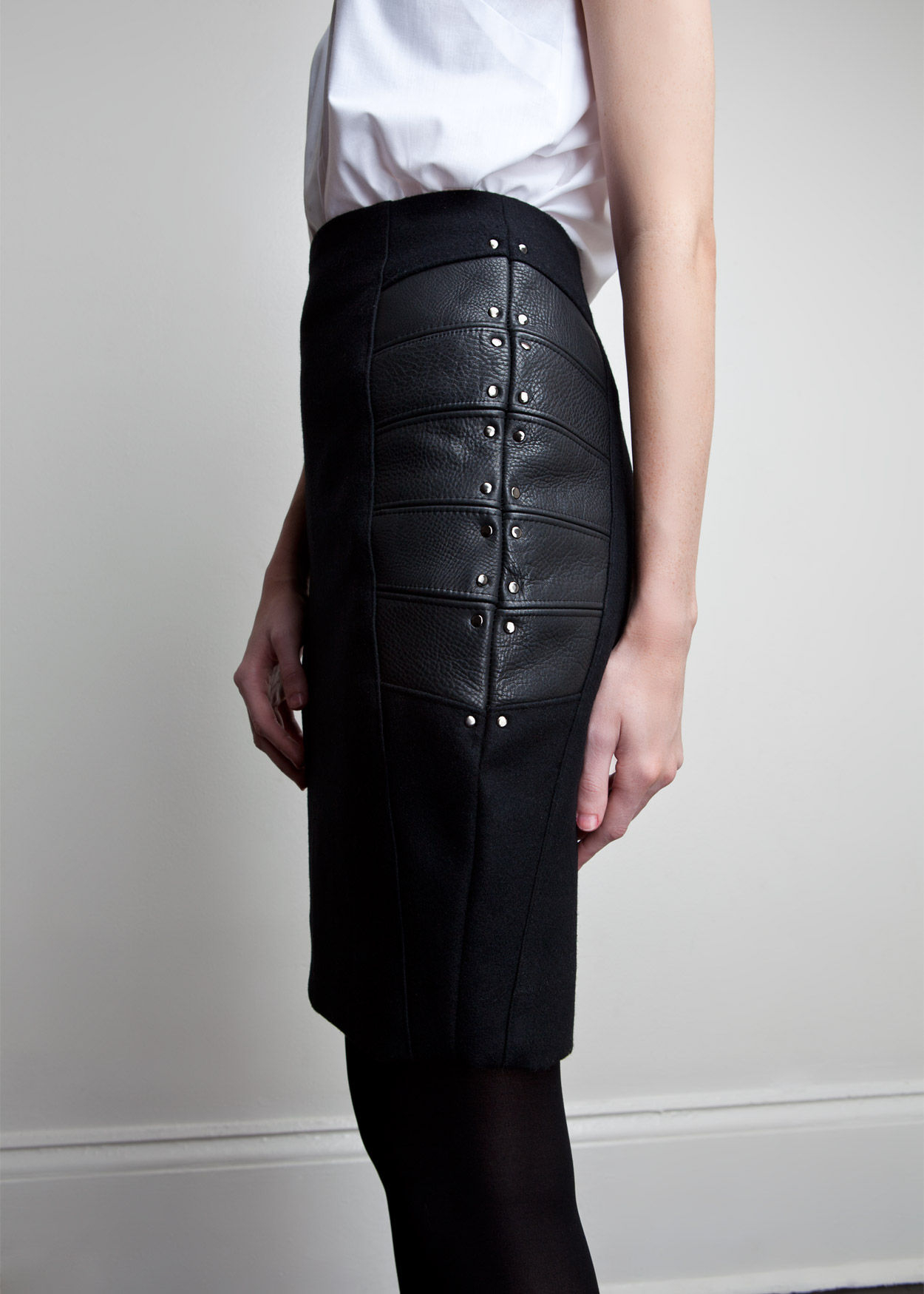 Amanda deleon Wool And Leather Rivet Skirt in Black | Lyst