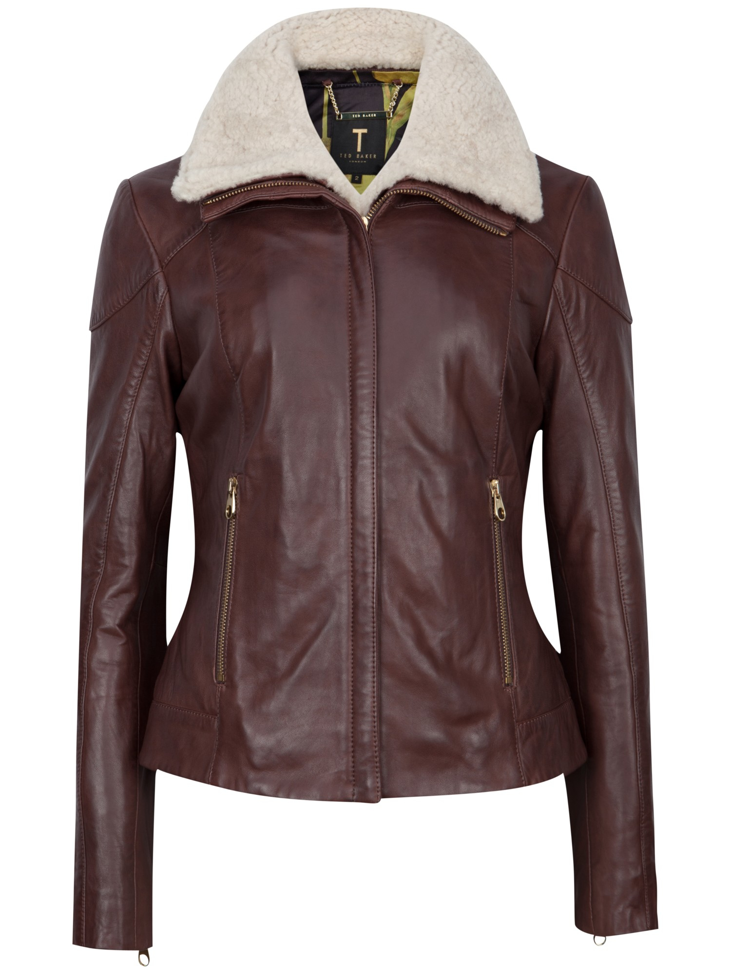 Ted Baker Ciel Shearling Trim Leather Jacket In Brown Red