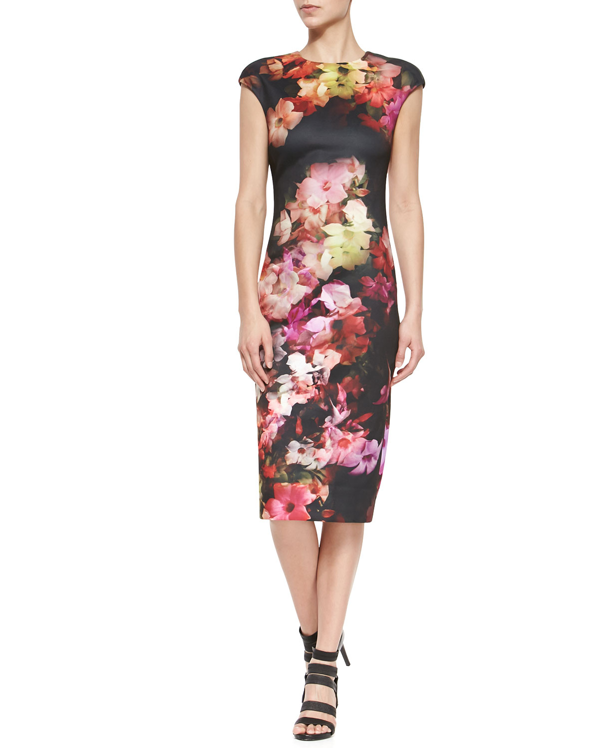 Ted baker Cascading Floral Cap-sleeve Sheath Dress in Black | Lyst