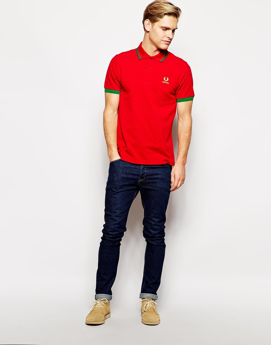 red polo shirt and jeans