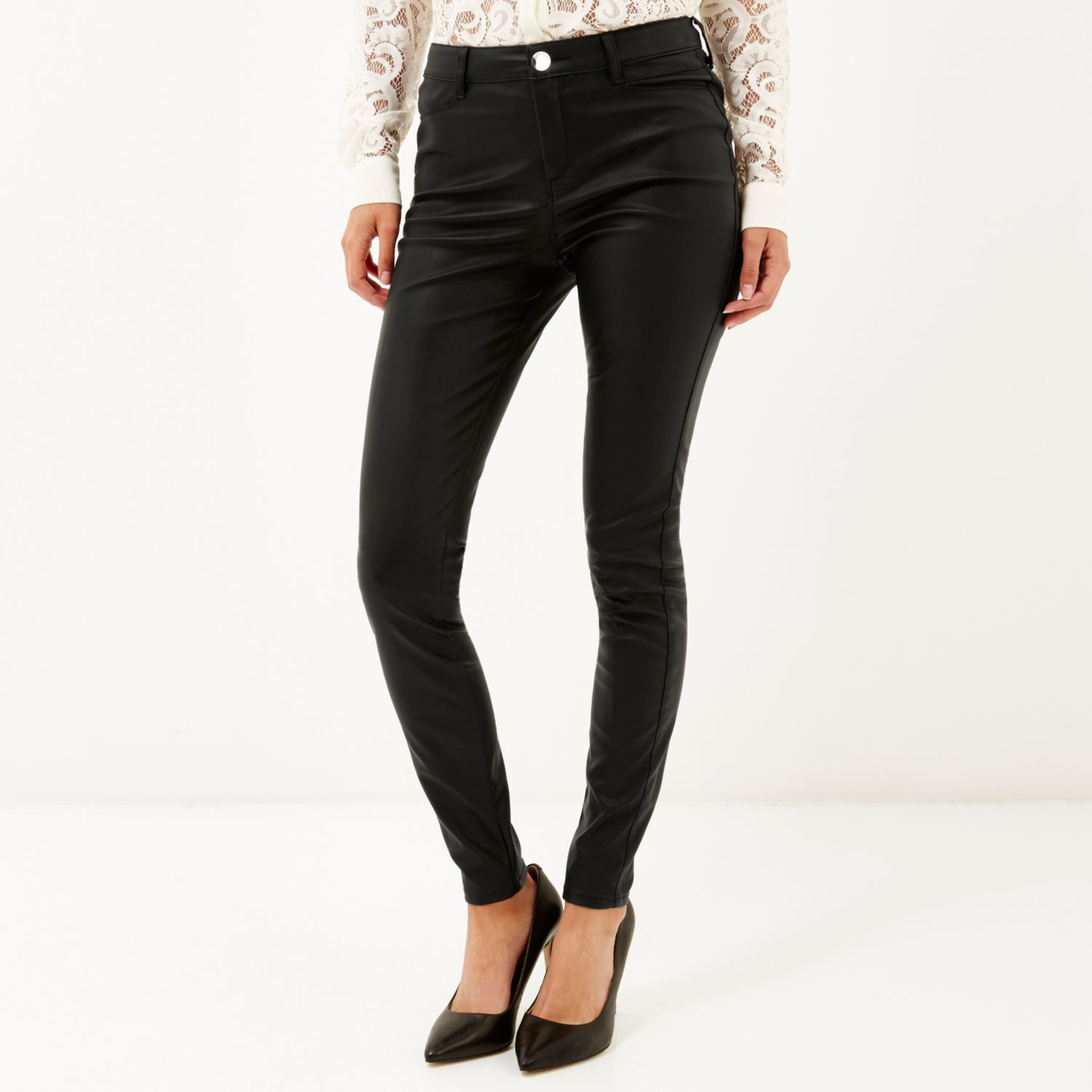 Lyst - River Island Black Skinny Leather-look Pants in Black
