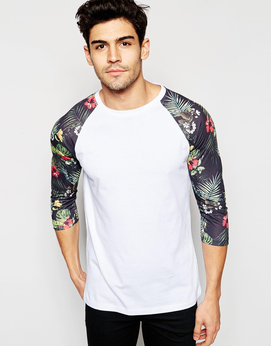 ASOS 3/4 Sleeve T-shirt With Floral Print Sleeves - Black for Men | Lyst