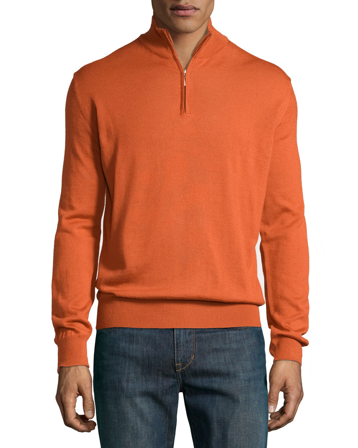 Neiman Marcus Wool-Blend Half-Zip Mock Turtleneck Sweater in Rust ...