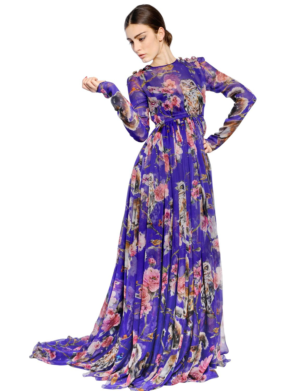 Dolce & Gabbana Floral Printed Silk Chiffon Dress in Purple | Lyst