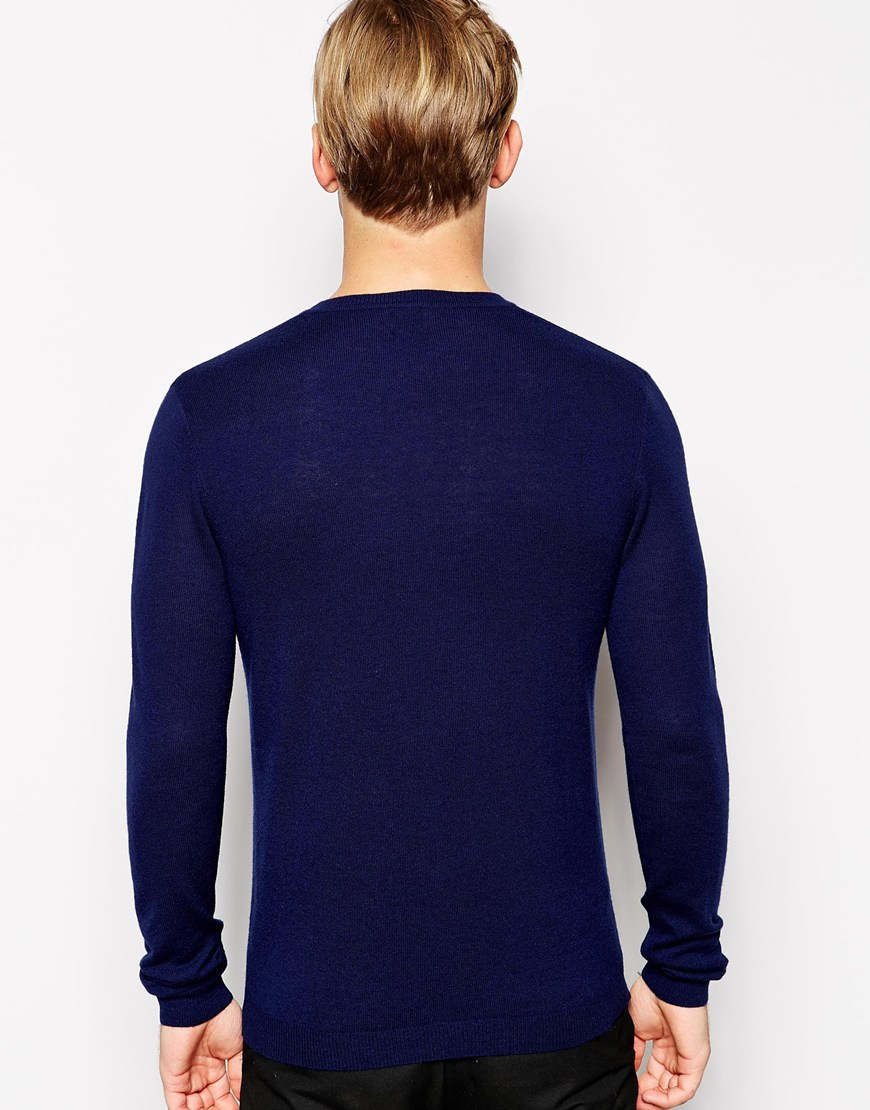 Lyst - Asos Merino V Neck Sweater in Blue for Men