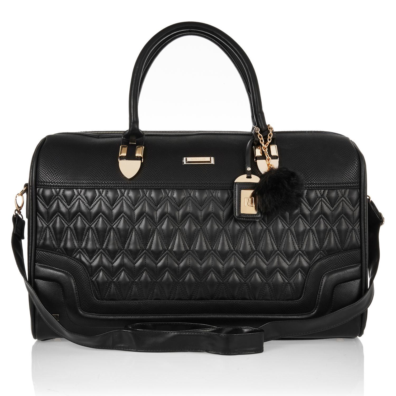 River Island Leather Black Quilted Pom Pom Weekend Bag - Lyst