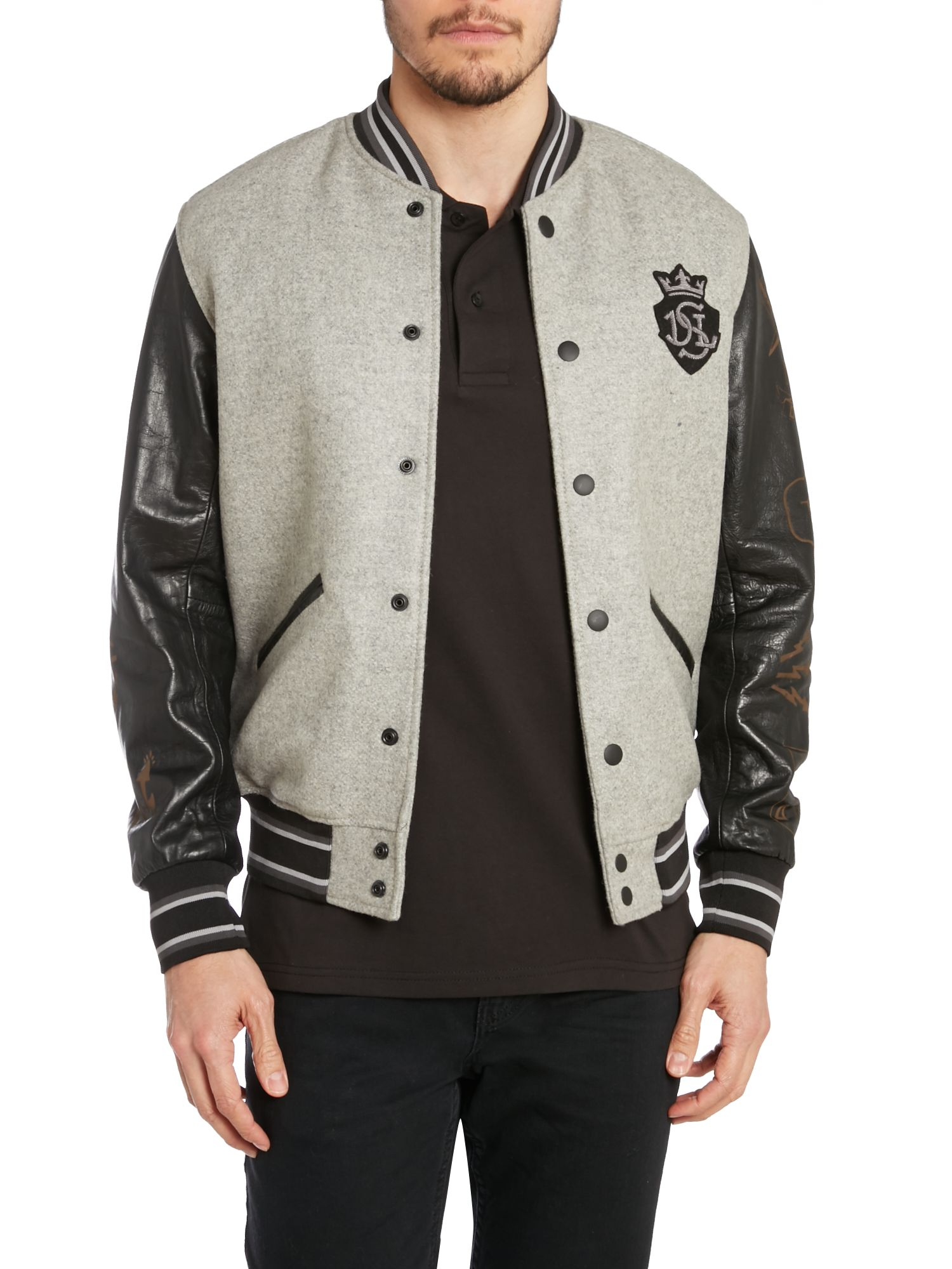 Diesel Leather Sleeve Baseball Jacket in Gray for Men (Grey) Lyst
