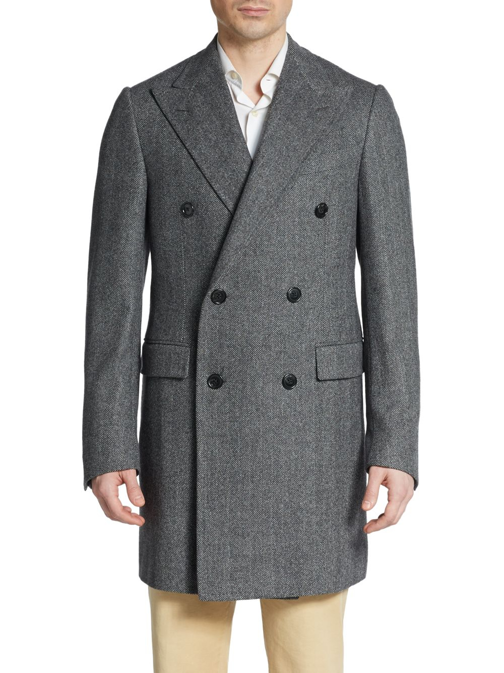 Corneliani Herringbone Wool & Cashgora Double-Breasted Overcoat in Gray ...