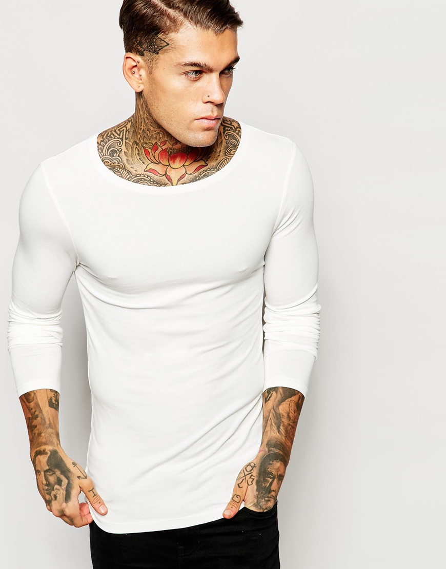 Lyst Asos Extreme Muscle Fit Long Sleeve Tshirt In Off White With Boat Neck in White for Men