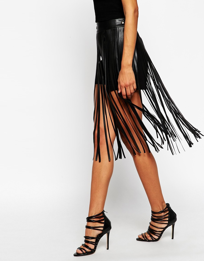 ASOS Fringe Skirt In Leather Look in Black Lyst