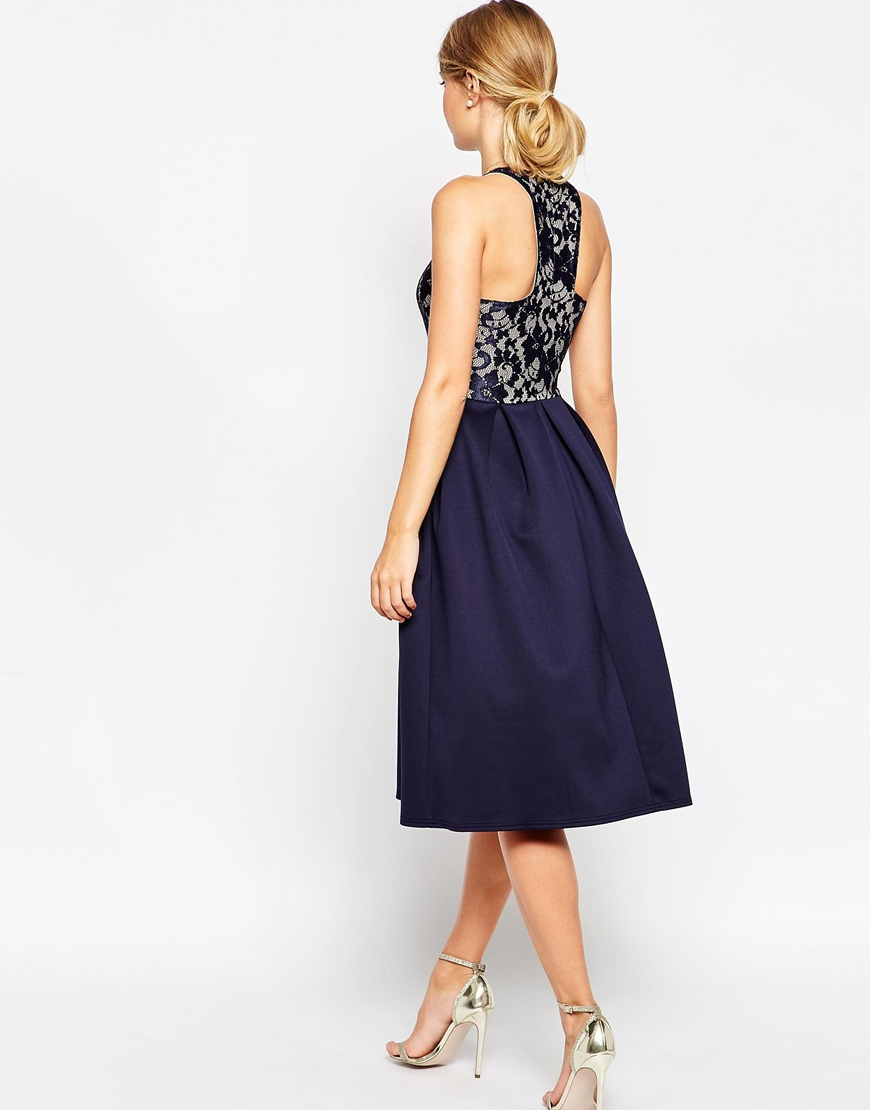 ASOS Lace Top Skater Midi Dress in Navy (Blue) Lyst