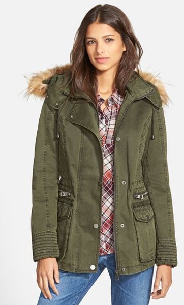 Guess Hooded Cotton Field Jacket With Faux Fur Trim in Green (OLIVE) | Lyst