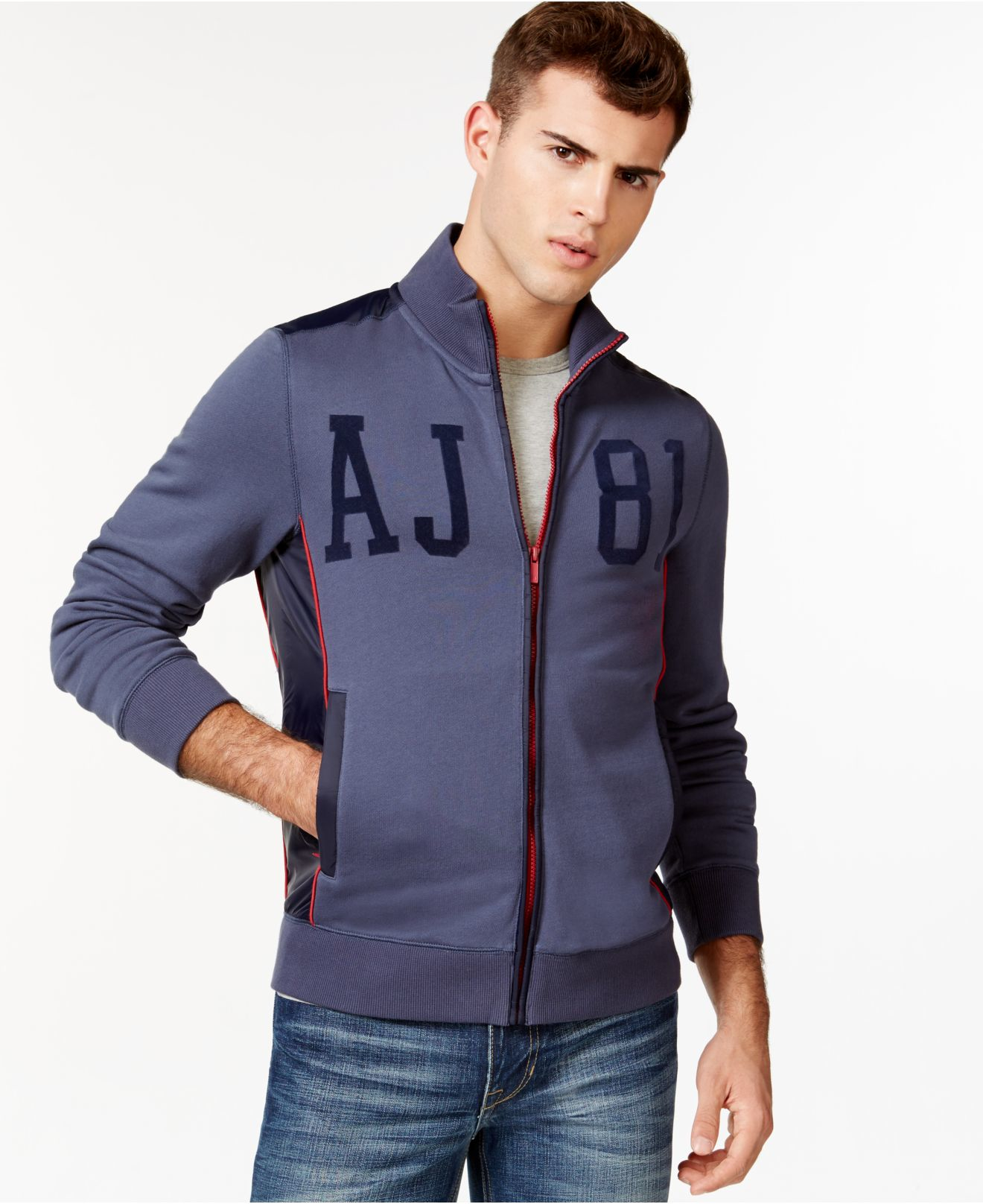 Armani Jeans Mixed Media Zip Front Jacket In Blue For Men Lyst Gallery