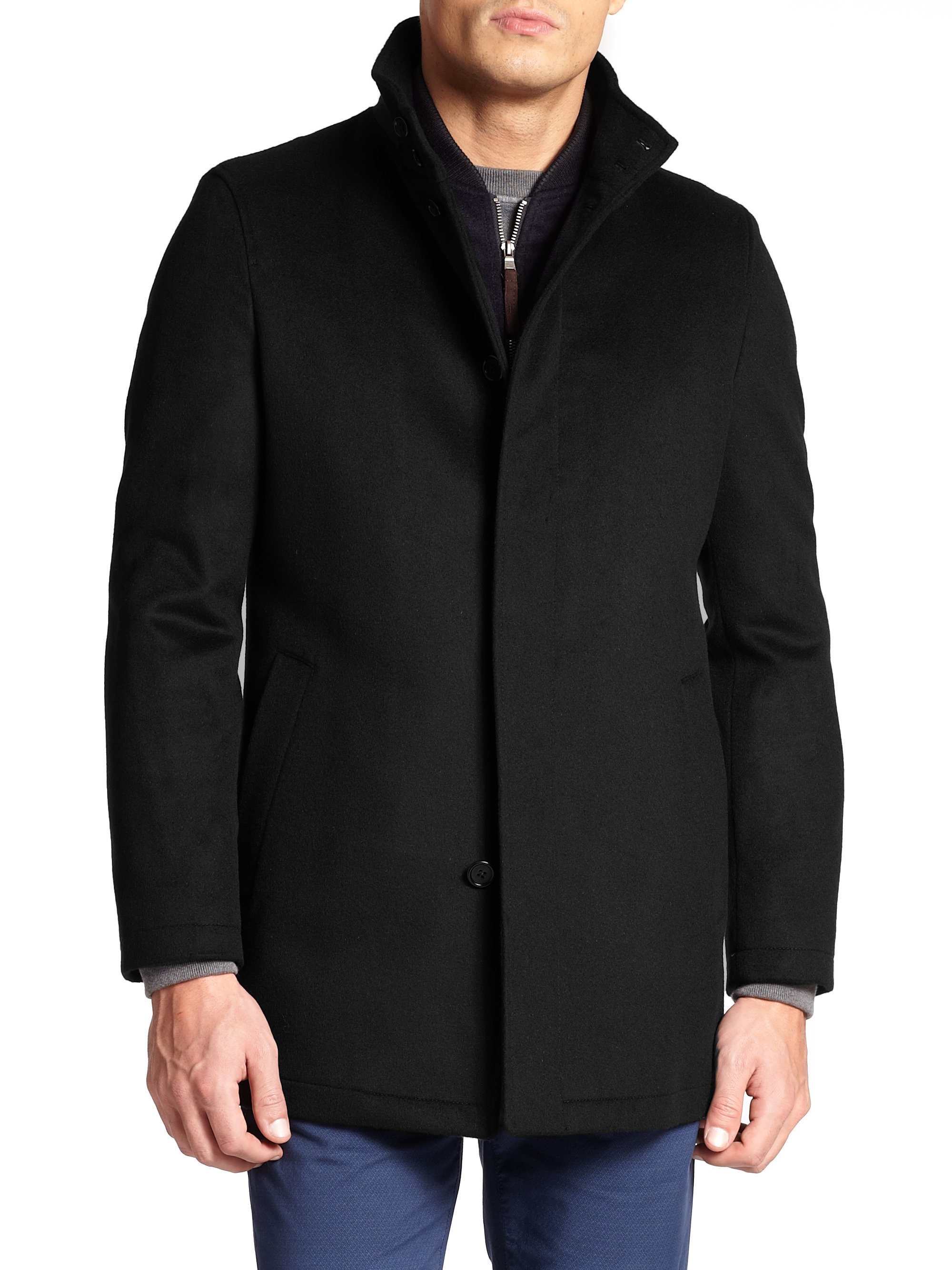 Saks fifth avenue Wool Car Coat in Black for Men | Lyst