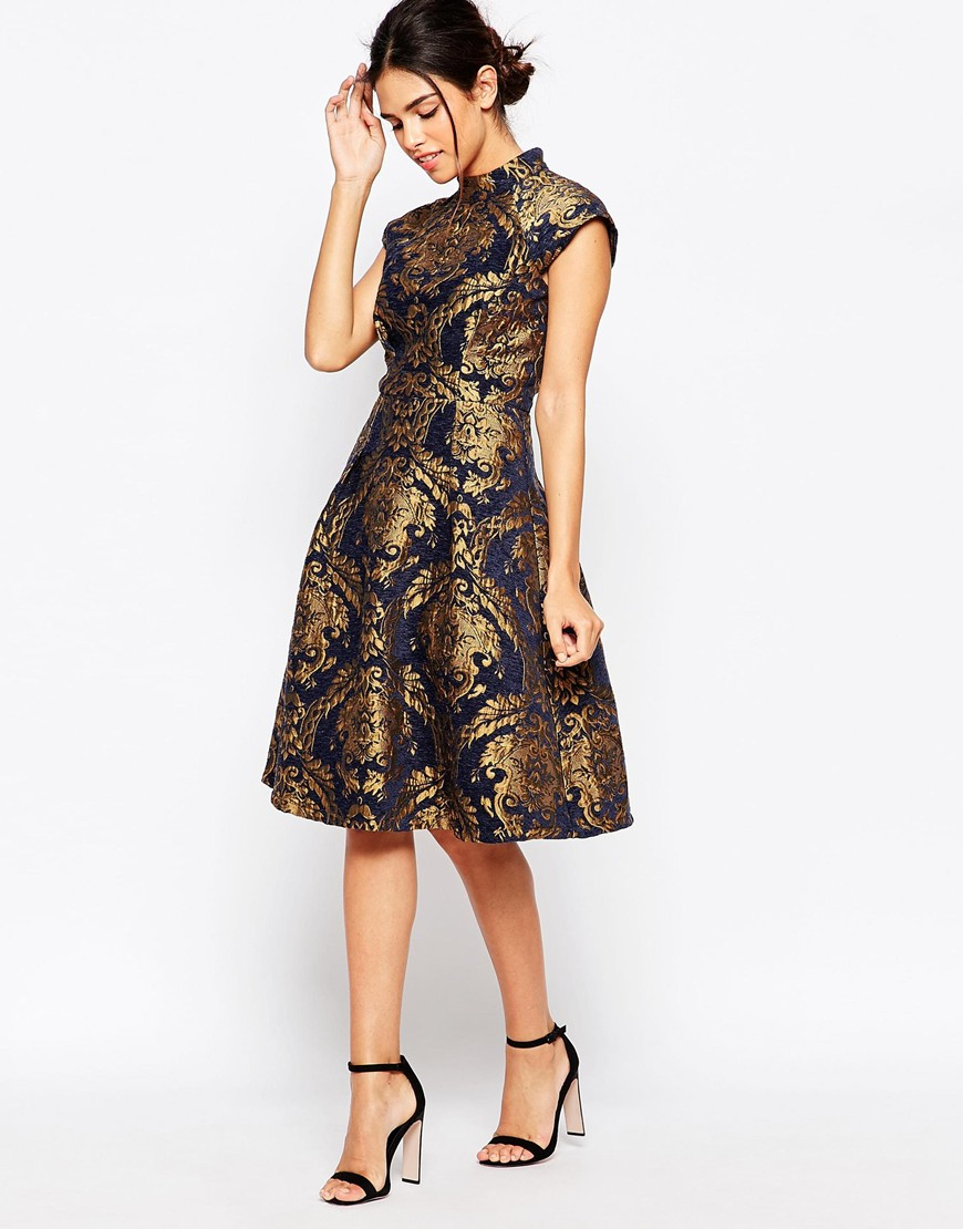 Chi Chi London Synthetic High Neck Structured Skater Dress In Baroque Print  in Blue - Lyst